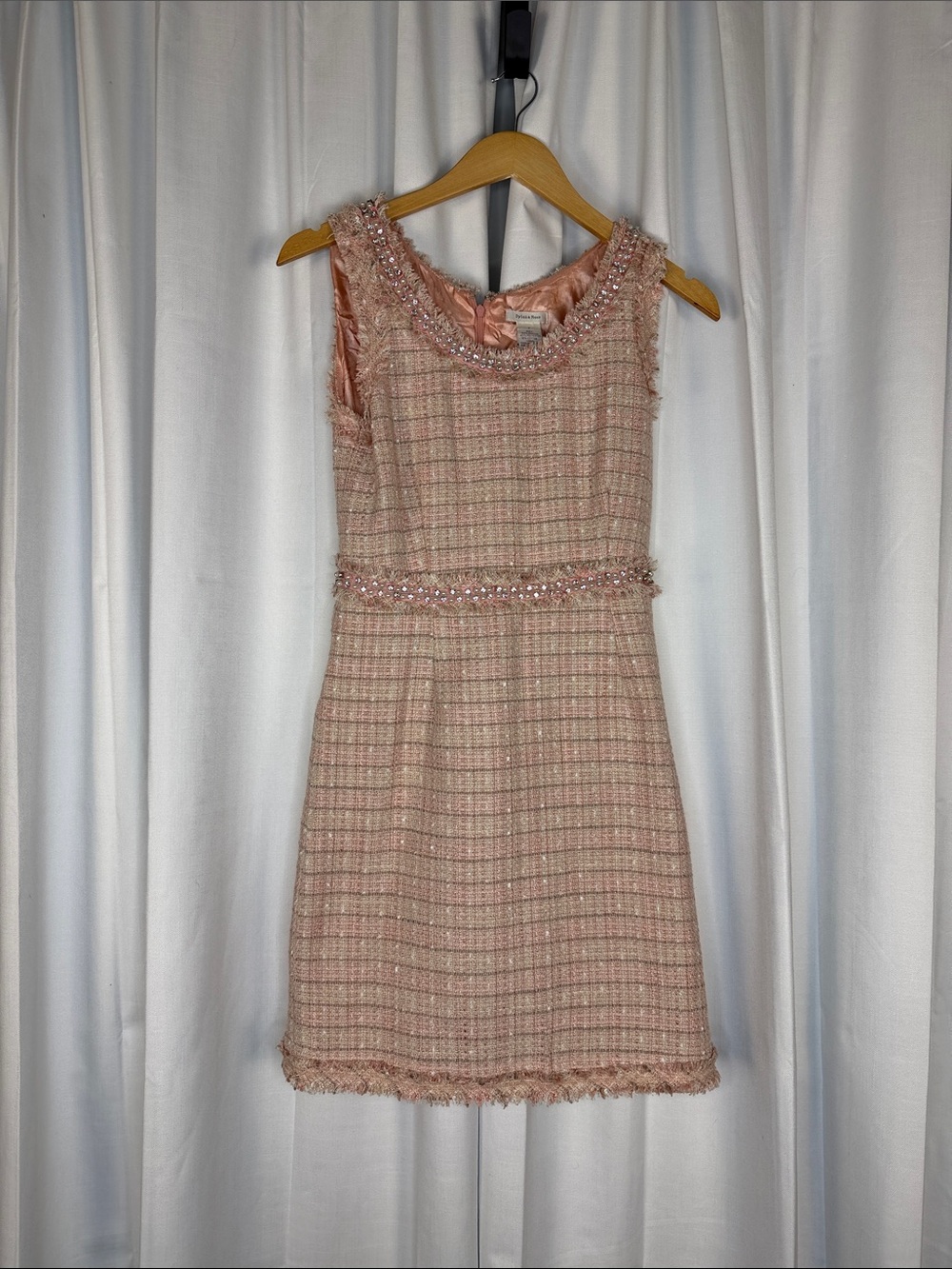 Sleeveless Pink Tweed Midi Dress with Beaded Trim